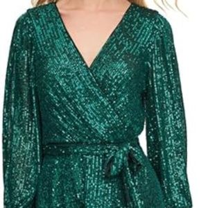 DKNY Long Sleeve Sequin Dark Green Wrap